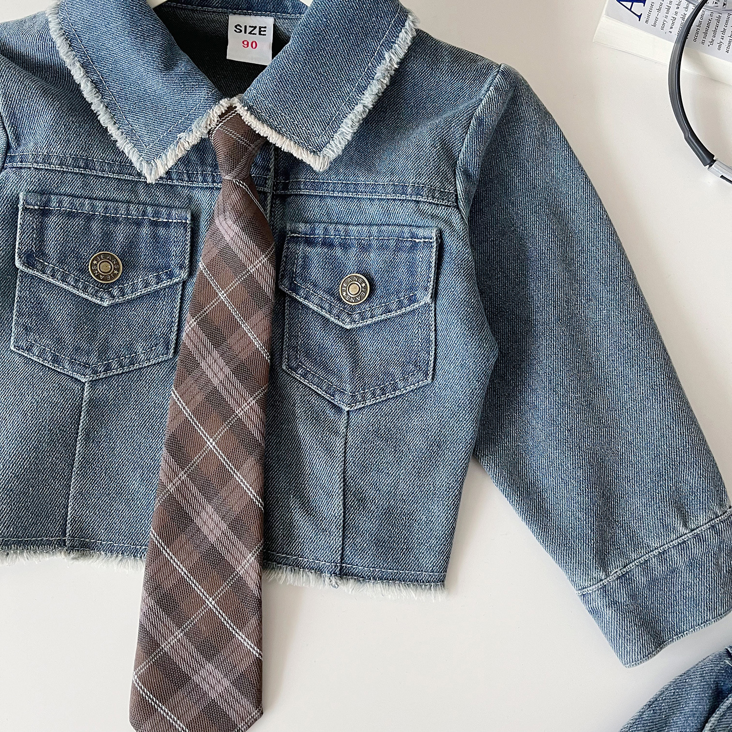 Girls Korean Style Denim Jacket And Skirt Two Piece Set For Autumn_voghion.com