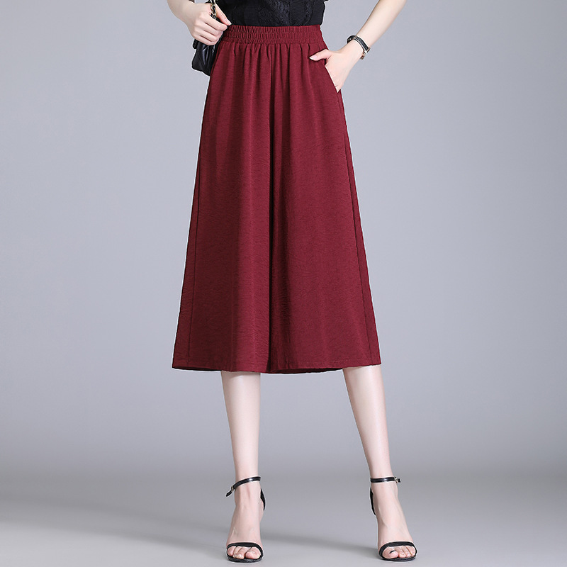 2251 Summer New Red Wide Leg Pants Women's Capri Pants Ice Silk Wide Leg Pants Women's Throwing Pants Chubby Girl Plus Size Casual Pants