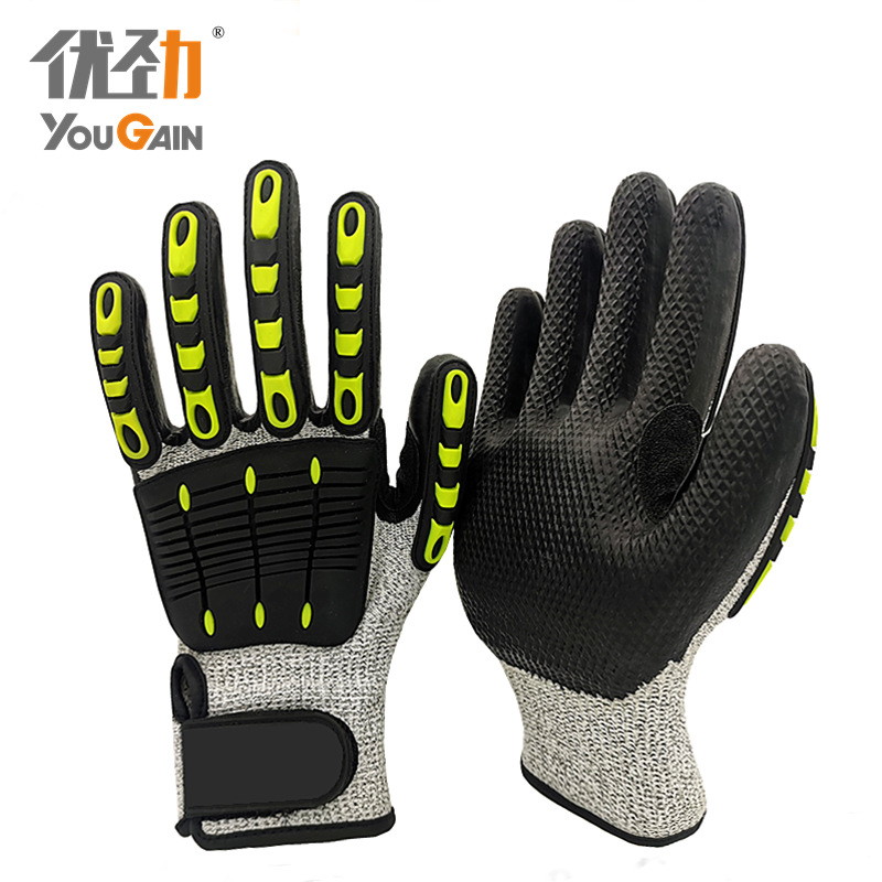 tpr防切割乳胶物理压纹浸胶劳保手套虎口加强抗磨工作耐磨防割5级