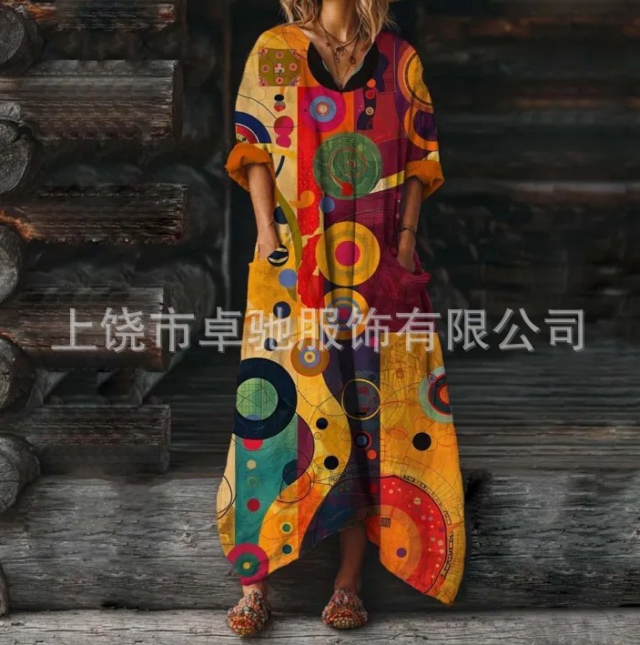 2025新款独立站女式复古花卉艺术图案印花口袋V领口袋连衣裙|undefined