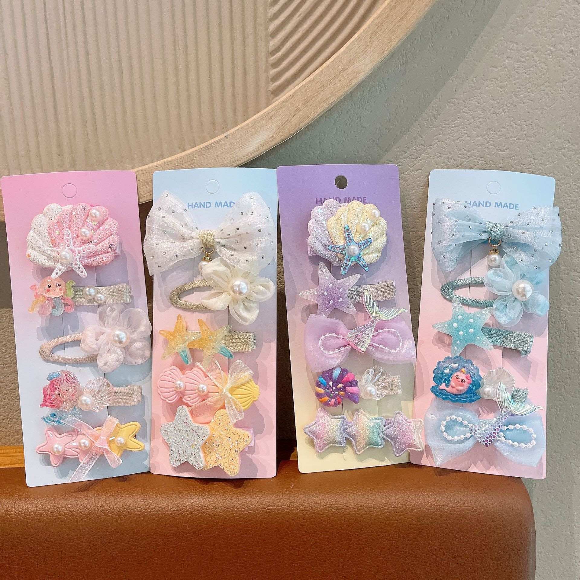 Nuevo niño concha sirena clip para el cabello niñas vacaciones tarjeta de pelo de viento niñas rotas clip para el cabello perlas transparentes