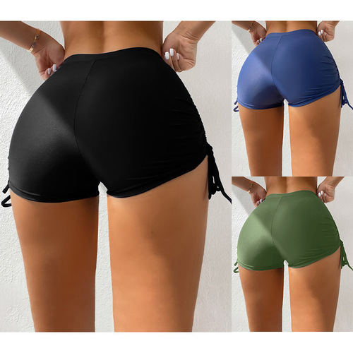 High-waisted tight elastic swim trunks with pleated side seams, 2025 solid color, butt-lifting drawstring tie-and-clip four-square swimming trunks for women