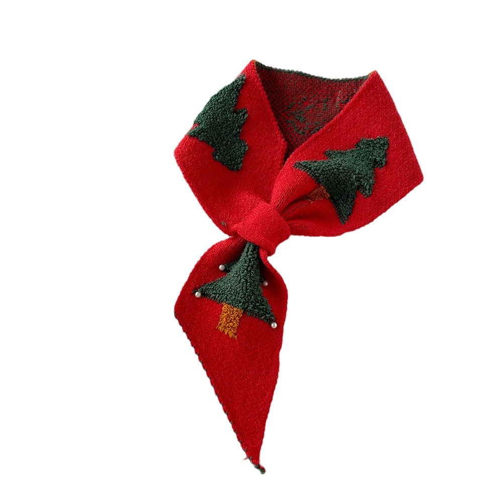 Kadınlar İçin Kış Hediyesi Instagram Kore Sevimli Noel Ağacı Sıcak Örme Çok Yönlü Kırmızı Atkı_voghion.com