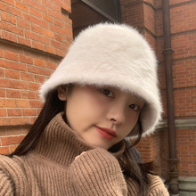 秋冬水桶帽女白色兔毛遮脸素颜盆帽韩版日系防寒保暖毛绒渔夫帽子