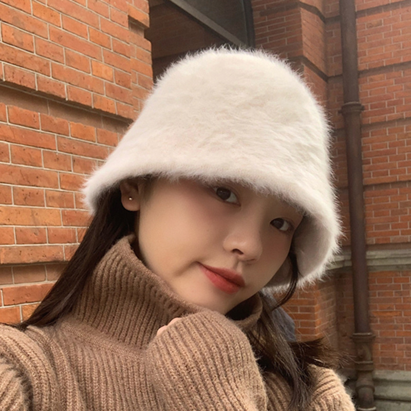 秋冬水桶帽女白色兔毛遮脸素颜盆帽韩版日系防寒保暖毛绒渔夫帽子