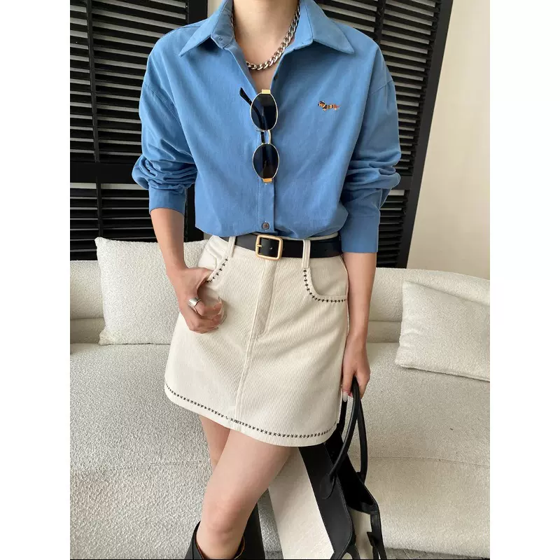 司南 早春新款 卡通小狗刺绣设计感翻领宽松全棉长袖衬衫 SN8563