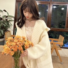 温柔风白色连帽宽松休闲水貂绒开衫毛衣女秋冬新款感软糯毛呢