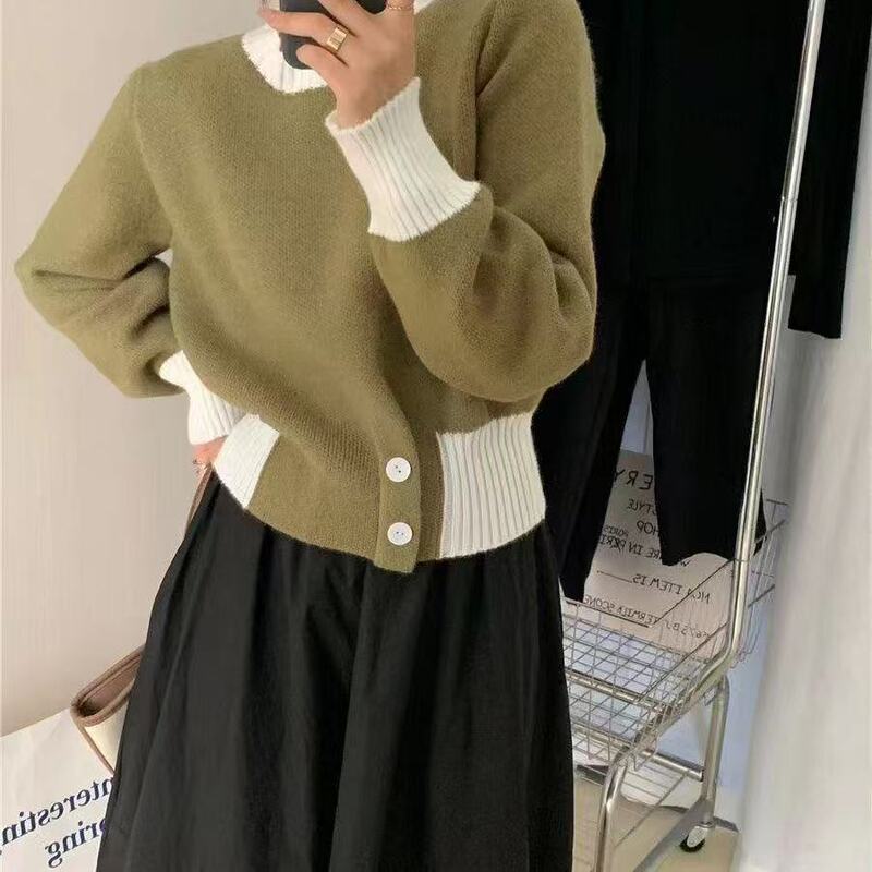 秋冬季收腰针织衫撞色设计感毛衣上衣气质套头圆领时尚纽扣打底衫|undefined