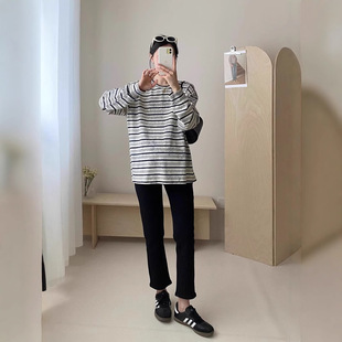 Summer New Maternity Wear Round Neck Contrast Stripesd Tee Korean Style Work Clothing Versatile Maternity Long-Sleeved Casual Cotton Top