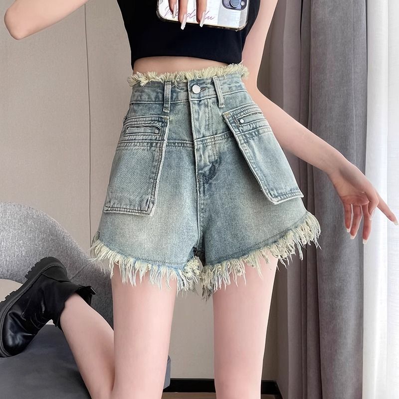 Pocket Design Denim Shorts for Women, Spring and Summer New High-Waisted Loose Fringed Wide-Leg Versatile Hot Pants