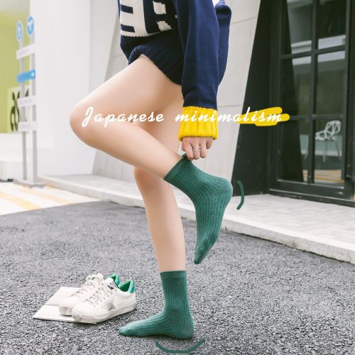 Socks Women's Mid-Tube Solid Color Cotton Socks Spring and Autumn Double Needle Vertical Strips Japanese Simple Korean Version New College Style Manufacturer Wholesale