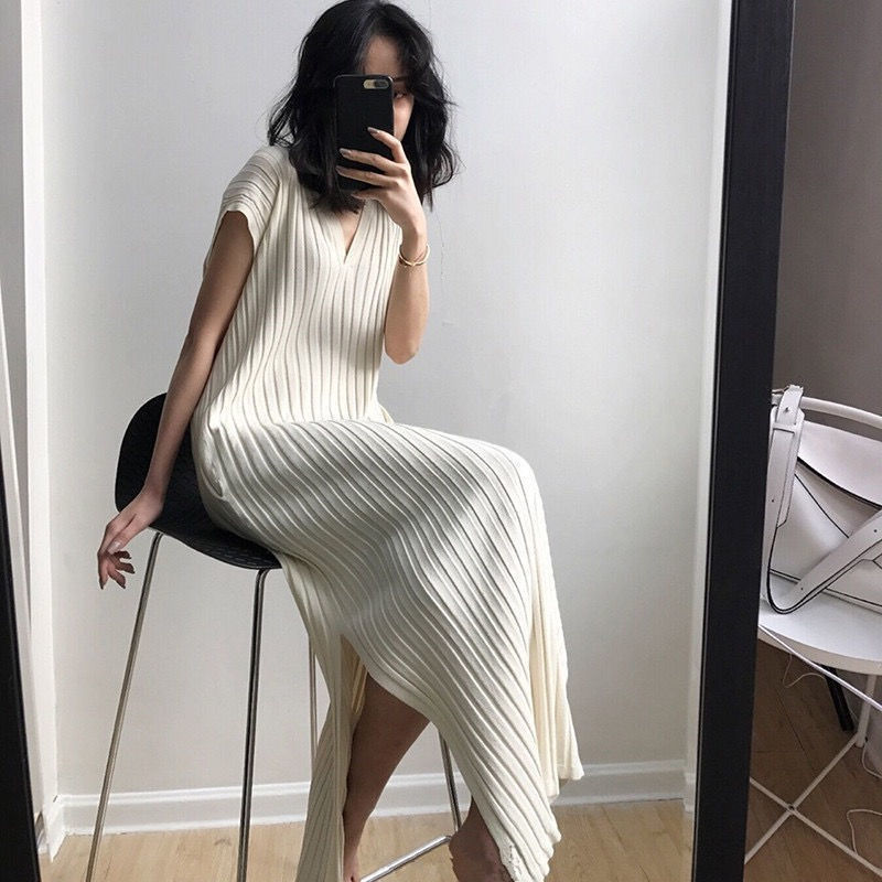 Spring and Summer 2022 All-match Loose Slim-fit V-neck Striped Thread Split Knitted Pregnant Women's Dress