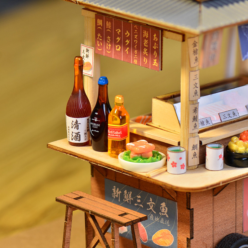 Bricolaje hecho a mano de madera comida y juego escena casa de muñecas accesorios Tienda de sushi japonés coche muñeca