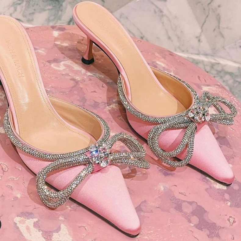 Sandalias de tacón alto con punta abierta y lazo con pedrería, diseño europeo y americano, pantuflas de tacón alto de nicho para mujer