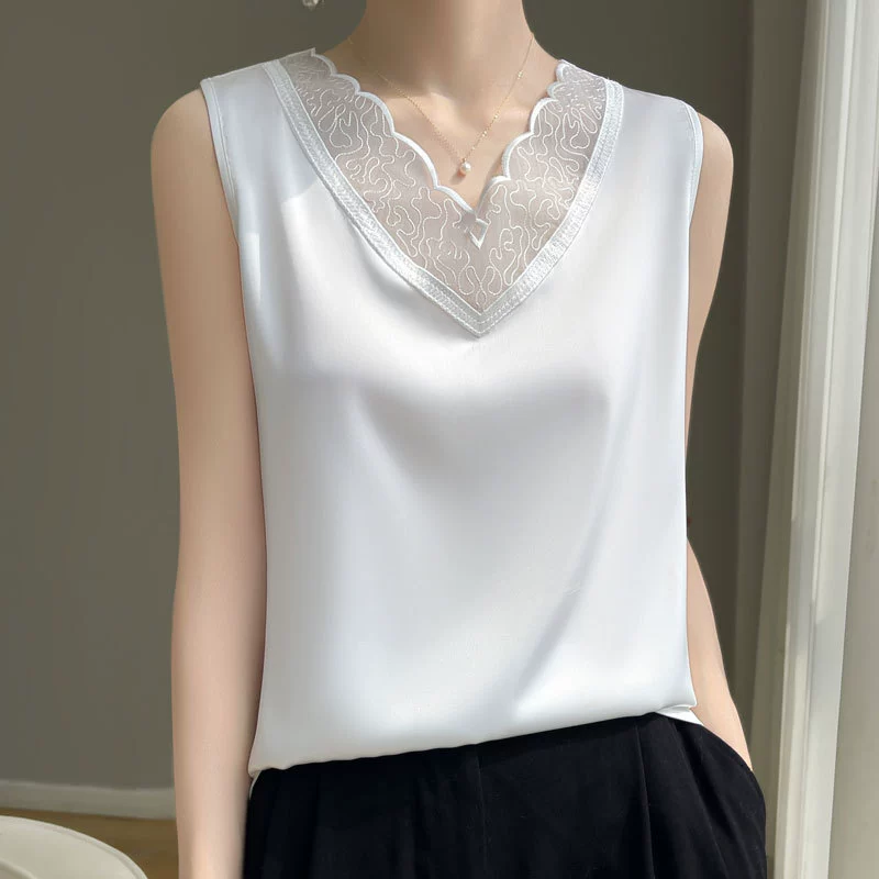 Летний комфортный атласный кружевной топ с V-образным вырезом и костюмом для дома и улицы, модный женский топ-камзол.