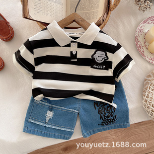 Boys Summer Suit 2025 New Style Kidsren's Stripesd Polo Shirt Baby Summer Clothes Shorts Two-Piece Set