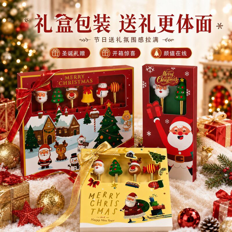 New Christmas Spoon and Fork Set Stainless Steel Dessert Spoon Creative Elk Fruit Fork Children's Tableware Gift Box Six-Piece Set