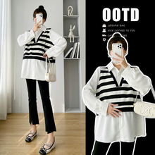 现货实拍 春装新款韩版宽松时尚条纹假两件拼接衬衫孕妇连衣裙