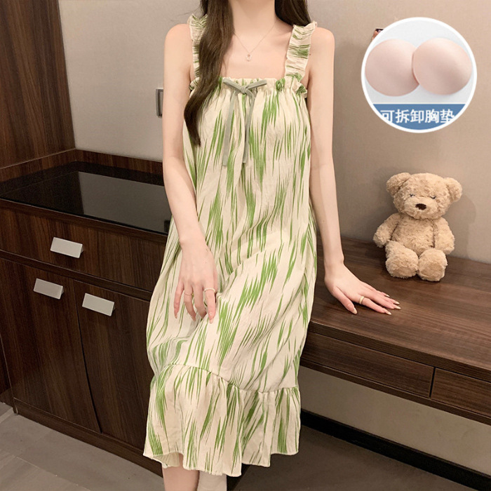 2024 transfronterizos verano esling vestido de pijama de tela de gancho de mujer cojín de pecho dulce se puede usar vestido largo ropa para el hogar