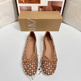 ZA2024 Autumn and Summer New Flat Shallow Rhinestone Mesh Baotou Flat Heel Ballet Shoes Bow Jewelry Shoes