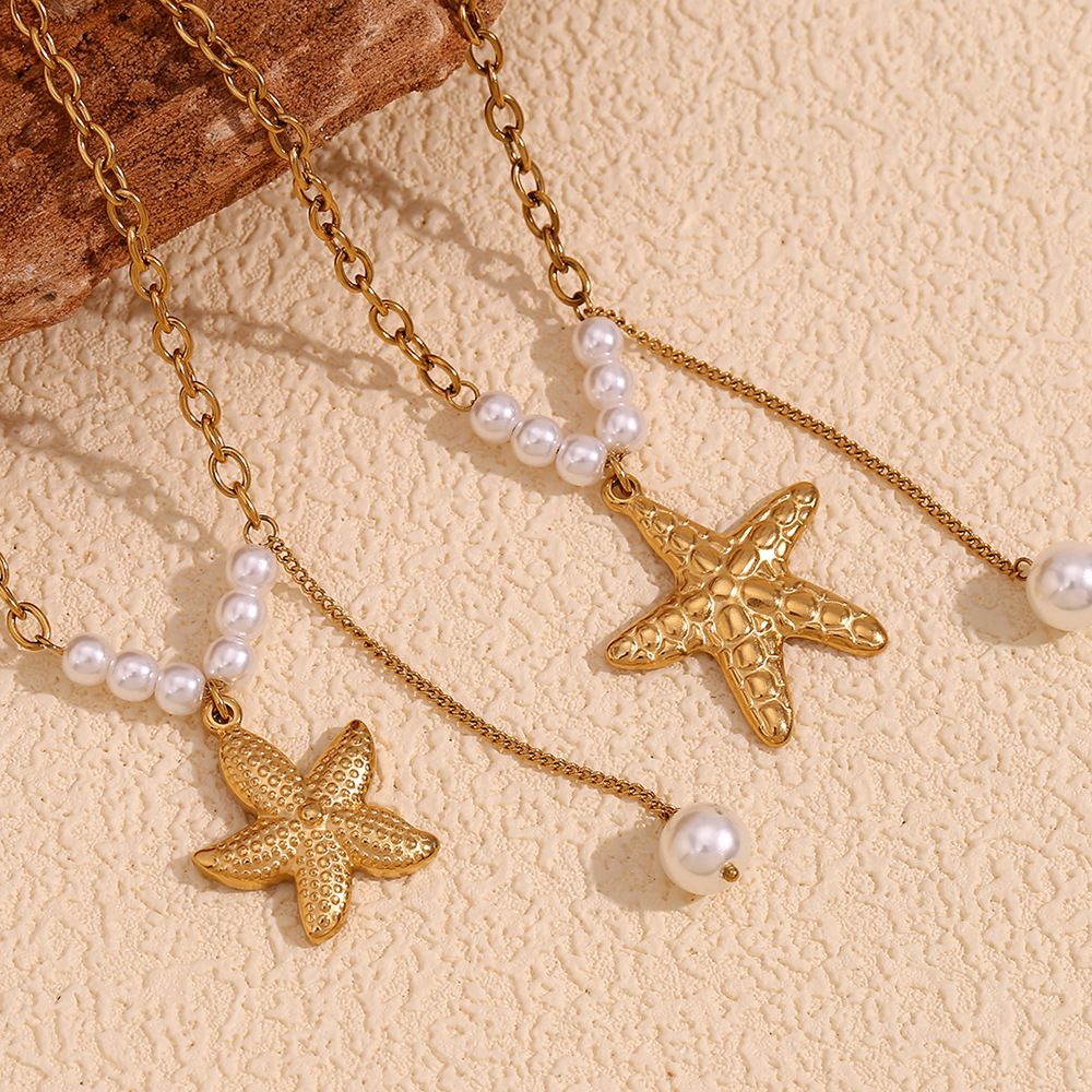 Starfish Imitation Pearl Fringe Stainless Steel Pendant Necklace