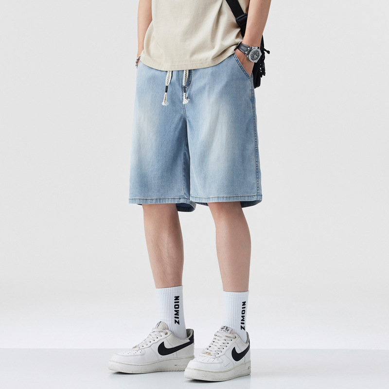 Shang Gu Pakaian Pria Tense Lesser Celana Pendek Denim Pria Elastis Pinggang Elastis Celana 5/10 Warna Biru Muda