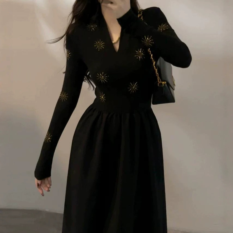 Da Tingting French New Style Rhinestone Sunflower Long Sleeve Fashion Slimming Elegant Autumn Dress Da Tingting French New Style Rhinestone Sunflower Long Sleeve Fashion Slimming Elegant Autumn Dress