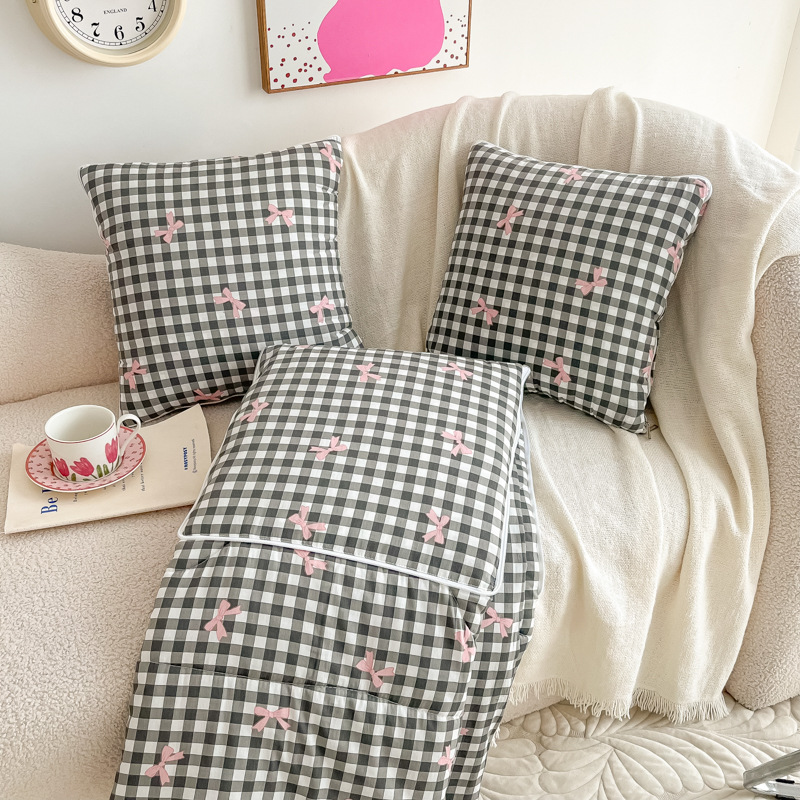 Brand New 40s Style Korean Washed Cotton Dual-use Car Pillow Blanket With A Refreshing Bow Design._voghion.com