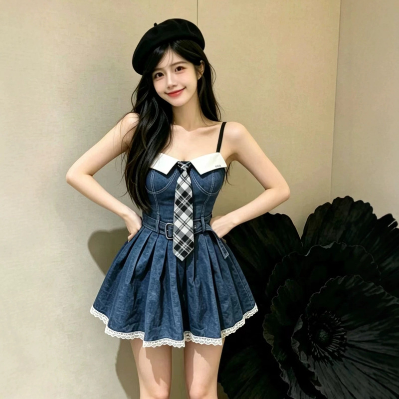 Sexy Hollow-Out Low-Cut Tie-Neck Pleated Strap Dress, Slim-Fit Backless Faux Denim Bodycon Mini Dress