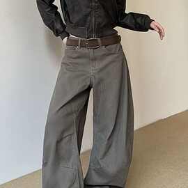 美拉德廓形阔腿弯刀牛仔裤新款男女cleanfit解构褶皱宽松香蕉裤子