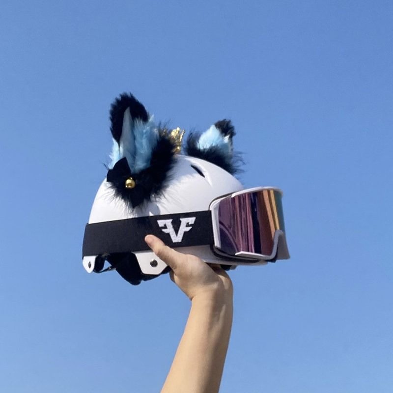 Snow helmet decoration: black and blue plush cat ears for motorcycle helmets, suitable for half-helmets, detachable and creative