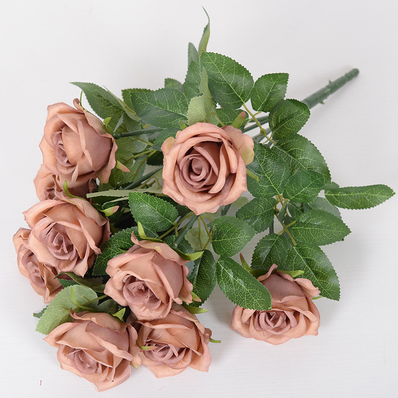 9-cabeza Rosa flor artificial ramo hogar Decoración de la boda Rosa artificial pequeña venta al por mayor de París