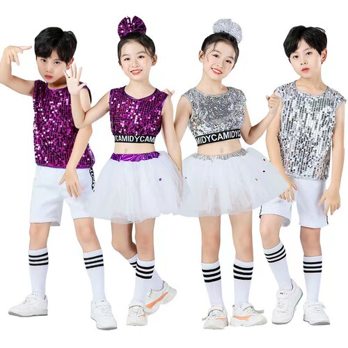 children girls purple silver sequins modern jazz dance costumes ballet tutu skirt sequins kingergarten gogo dancers cheerleading performance clothing for kids 