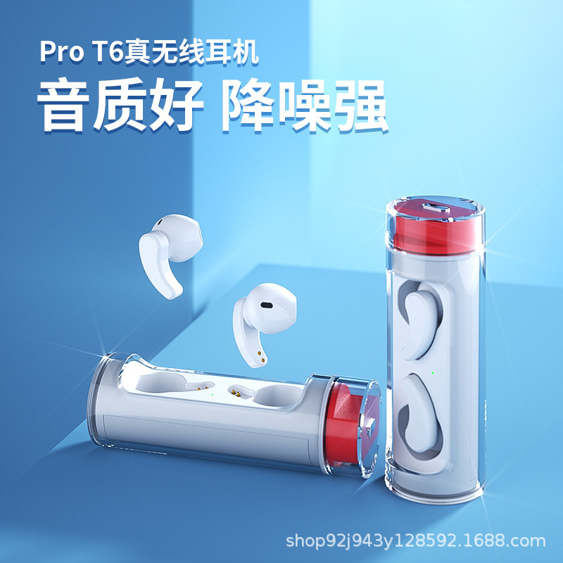 T6 nuevo modelo privado TWS auriculares bluetooth caja transparente mini tipo en el oído doble reducción de ruido estéreo de larga duración