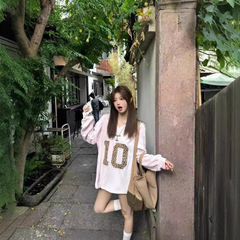 美式复古粉色豹纹V领球衣卫衣长袖t恤女春秋2025新款oversize上衣