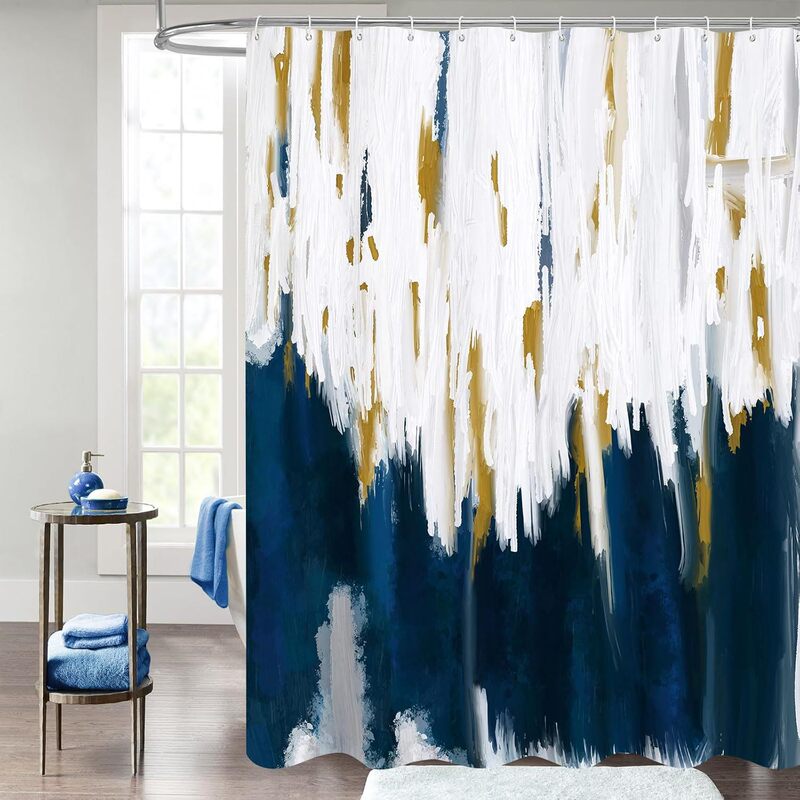 Navy Blue Shower Curtain, Fashion Modern Abstract Bathroom Decor, Dark Blue Fabric Bath Curtain, Paintbrush Oil Painting Style