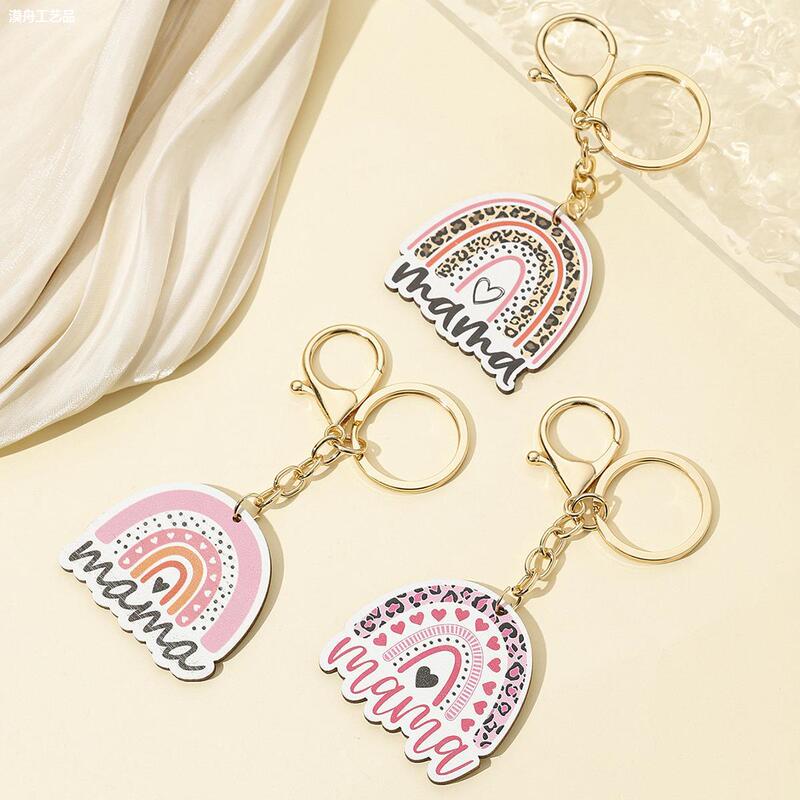 Cross-border Hot Leopard Keychain Mama Letter Wooden Brand Creative School Bag Pendant Mother's Day Gift Keychain