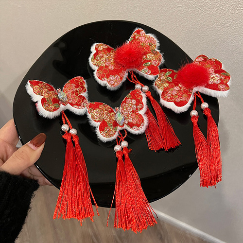  New Year red Chinese style Hanfu headdress hairpin girl baby hair ball ancient style hair accessories doll head flower