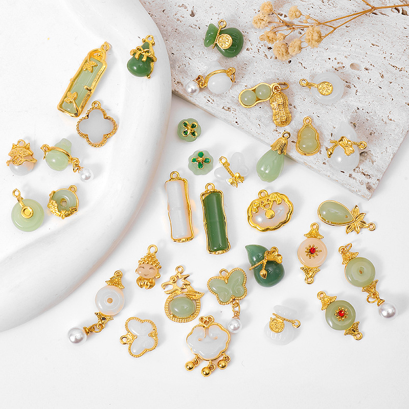 Green Jade Pendant Plated with 18K Gold Imitation Jade Long Life Lock Gourd Pendant Bracelet Necklace Semi-finished diy Accessories E31