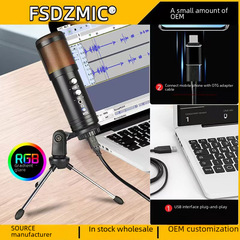 192K/16Bit USB Capacitor Microphone with RGB Lights, Includes Monitoring and Reverb, Compatible with Phones and Computers