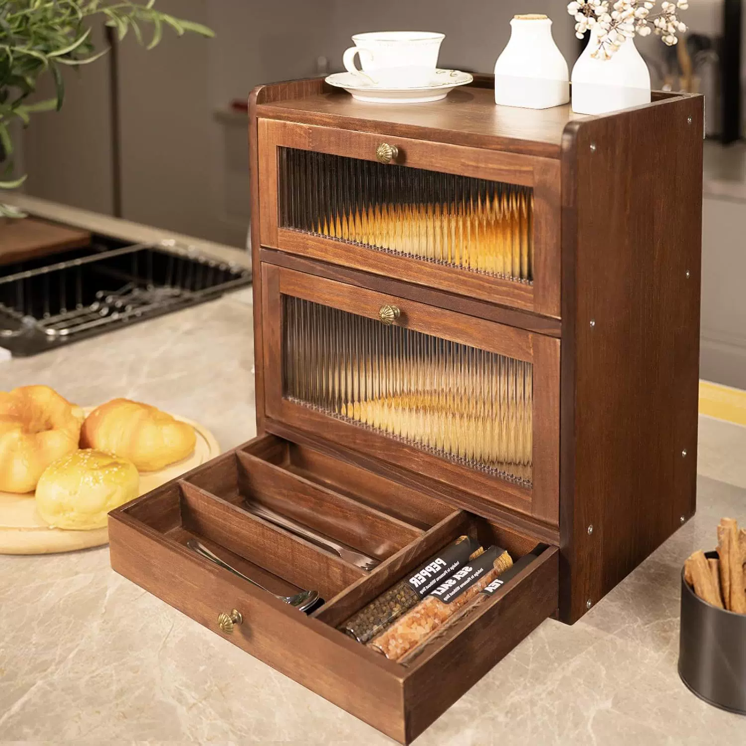 厨房台面木制面包盒双层透明食品收纳架食品储物架水果收纳盒批发