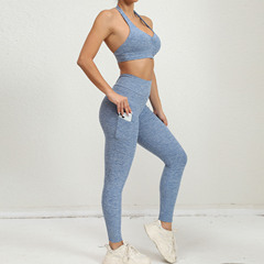 Autumn and winter new style European and American pocket back V-waist tight yoga suit set, beautiful back adjustable halter bra set for women