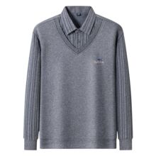 冬季新款男士假两件衬衫加绒加厚长袖保暖休闲针织衫套头毛衣毛衫