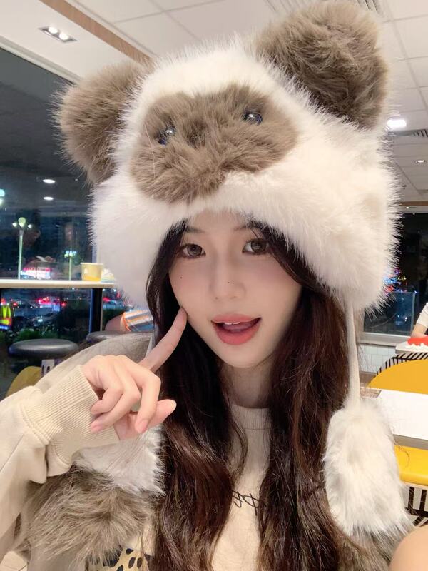 甜美可爱小猫毛绒帽子女款秋冬季防寒雷锋帽百搭保暖暹罗猫毛绒帽|undefined