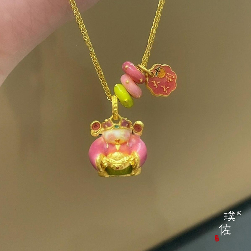 金店同款沙金diy配件粉色笑眯眯財神爺吊墜高顏值鎖骨鏈精緻百搭