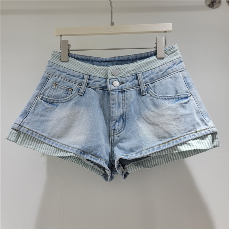 Pantalones Cortos de Mezclilla para Mujer de Mezclilla, Diseño Empalmado, Bolsillos
