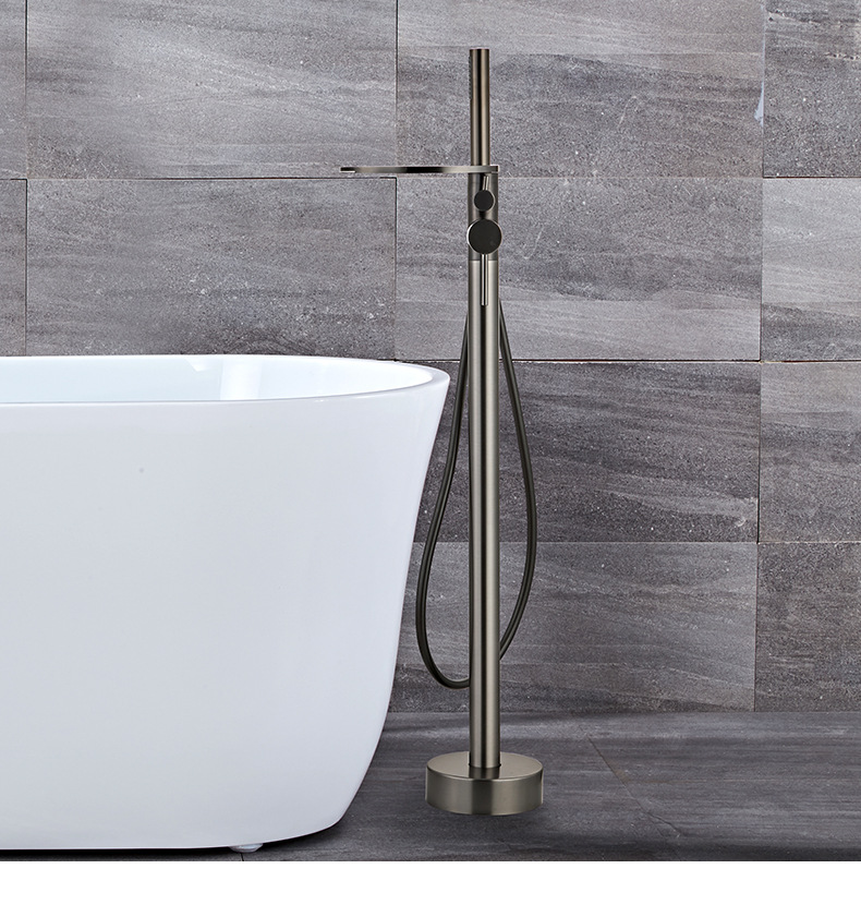 The factory supplies water-plated grey floor-standing waterfall bathtub faucets with high-flow cold and hot dual-control shower heads undefined