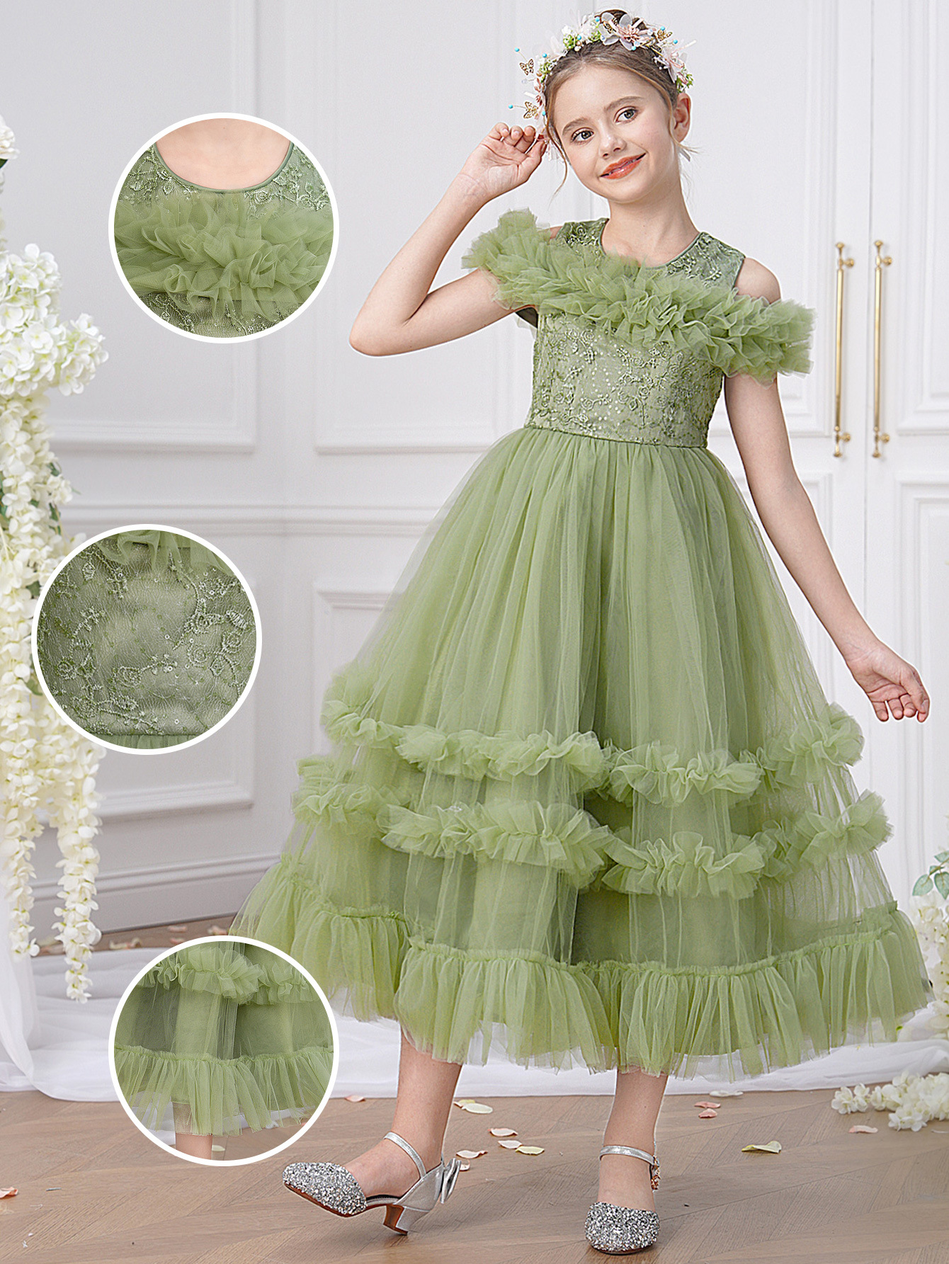 Ropa de niños transfronteriza vestido de niña vestido bordado vestido de malla vestido vestido vestido de princesa de cumpleaños vestido de bebé