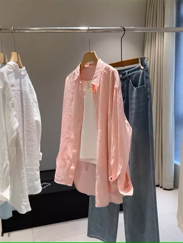 麻なし、春夏に最適！麻のような肌触りの日焼け止めシャツ、女性用、ゆったりとした通気性のあるリラックスしたシルエット、カジュアルなトップス、多用途。|undefined