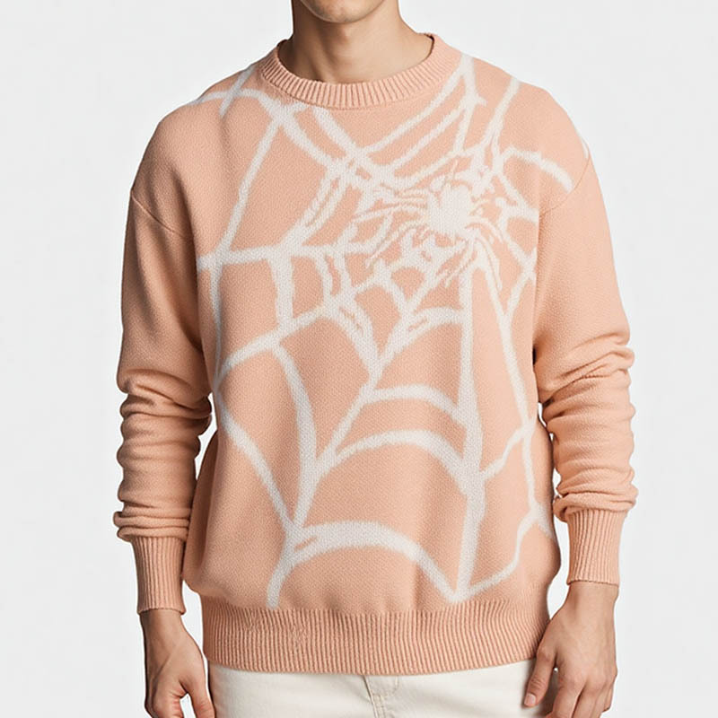 Mode Herren Herbst Neuer Rundhalspullover Amerikanisches Spinnennetzmuster Jacquard Gestricktes Basishemd_voghion.com